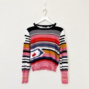 Desigual Women XL Striped Fringe Hem Sweater Artsy Geometric Cropped Pullover